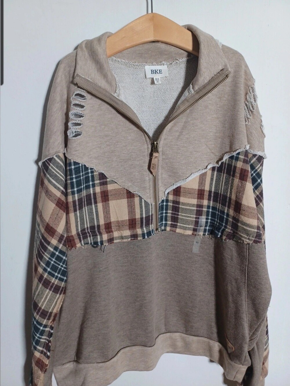 BKE womens Taupe Zip-Up Sweater with Navy & Burgundy Plaid Accentss